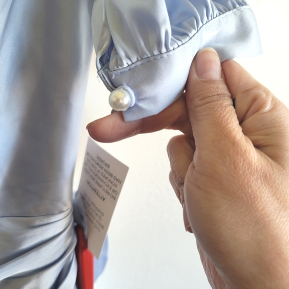 Ieena for Mac Duggal, Short Puff Sleeve Faux Wrap Mini Dress,Powder Blue, Size 4 - Picture 11 of 12